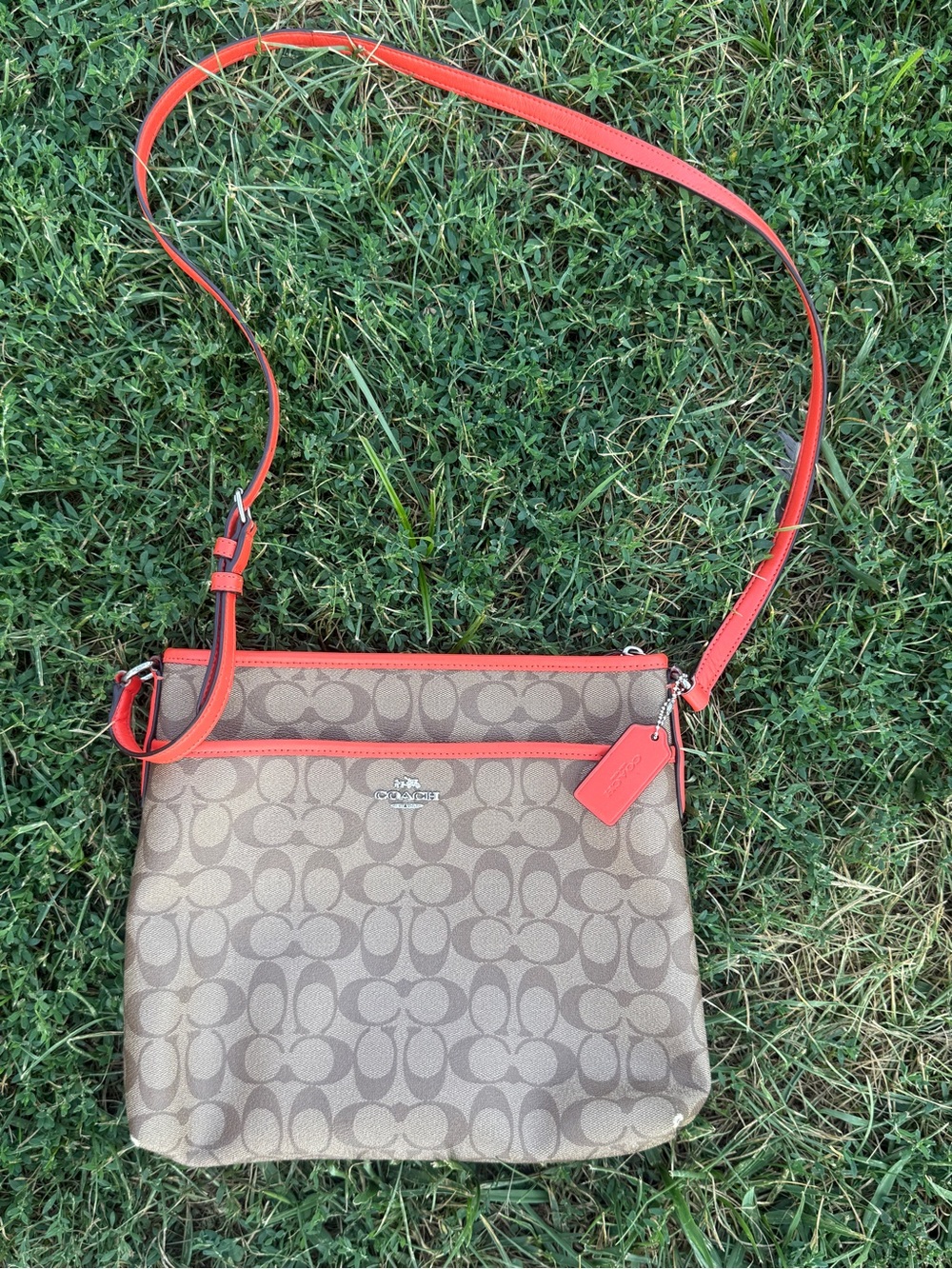Coach Tan Signature Crossbody with Coral Trim